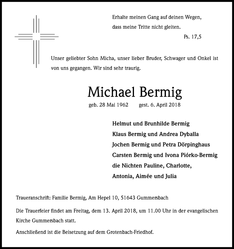  Traueranzeige für Michael Bermig vom 11.04.2018 aus Kölner Stadt-Anzeiger / Kölnische Rundschau / Express