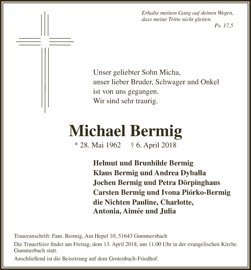  Traueranzeige für Michael Bermig vom 11.04.2018 aus  Anzeigen Echo 