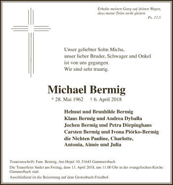 Anzeige von Michael Bermig von  Anzeigen Echo 