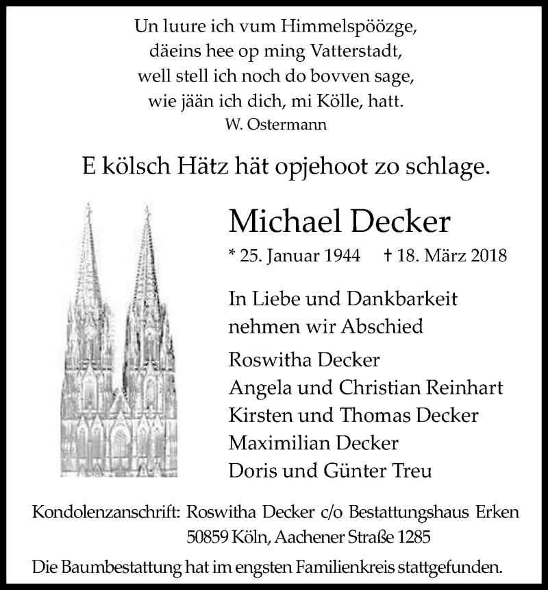  Traueranzeige für Michael Decker vom 14.04.2018 aus Kölner Stadt-Anzeiger / Kölnische Rundschau / Express