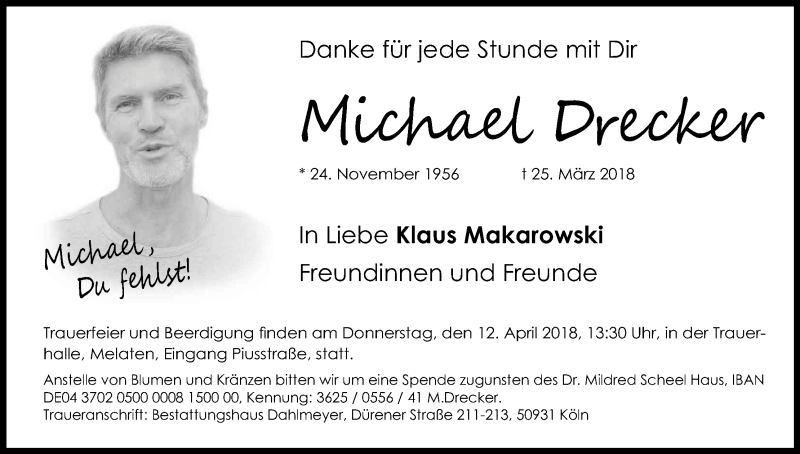  Traueranzeige für Michael Drecker vom 07.04.2018 aus Kölner Stadt-Anzeiger / Kölnische Rundschau / Express