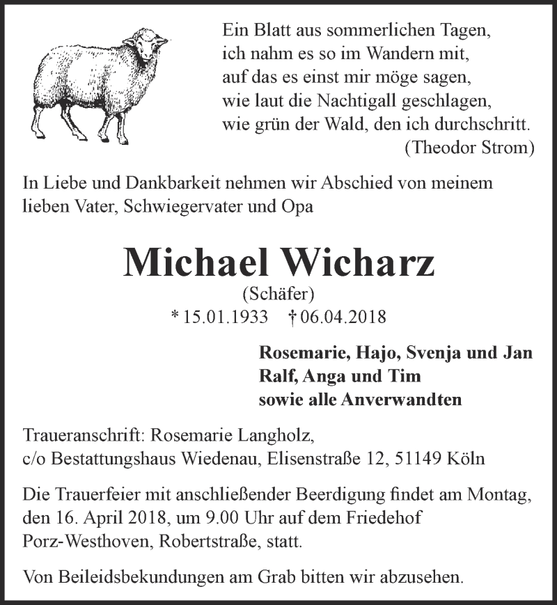  Traueranzeige für Michael Wicharz vom 14.04.2018 aus 