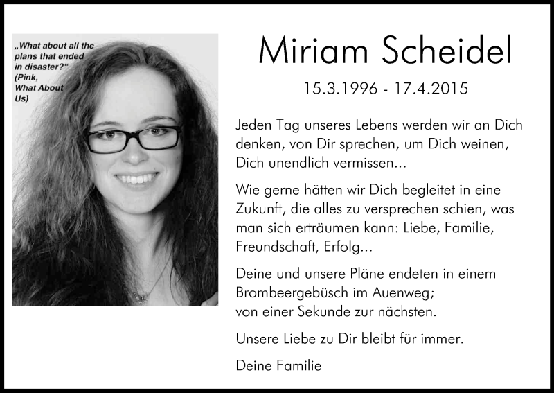  Traueranzeige für Miriam Scheidel vom 14.04.2018 aus Kölner Stadt-Anzeiger / Kölnische Rundschau / Express