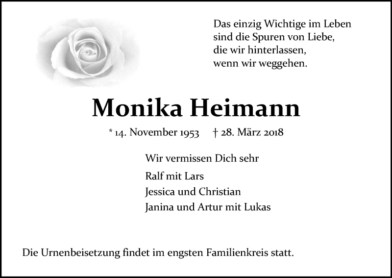  Traueranzeige für Monika Heimann vom 07.04.2018 aus Kölner Stadt-Anzeiger / Kölnische Rundschau / Express