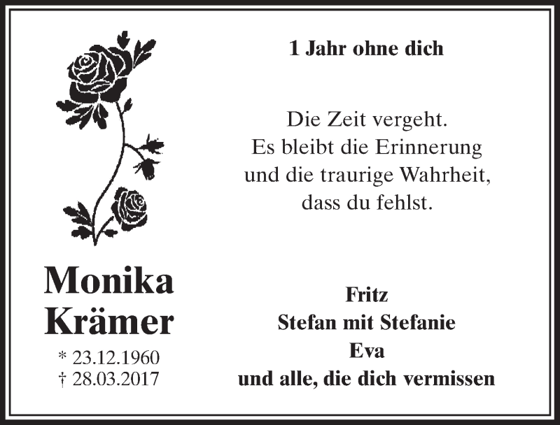 Traueranzeige für Monika Krämer vom 04.04.2018 aus  Schlossbote/Werbekurier 