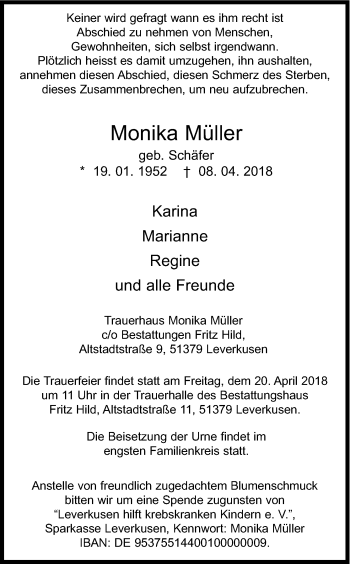 Anzeige von Monika Müller von Kölner Stadt-Anzeiger / Kölnische Rundschau / Express