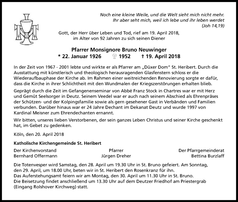  Traueranzeige für Monsignore Bruno Neuwinger vom 24.04.2018 aus Kölner Stadt-Anzeiger / Kölnische Rundschau / Express