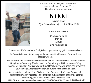 Anzeige von Niklas Groll von Kölner Stadt-Anzeiger / Kölnische Rundschau / Express