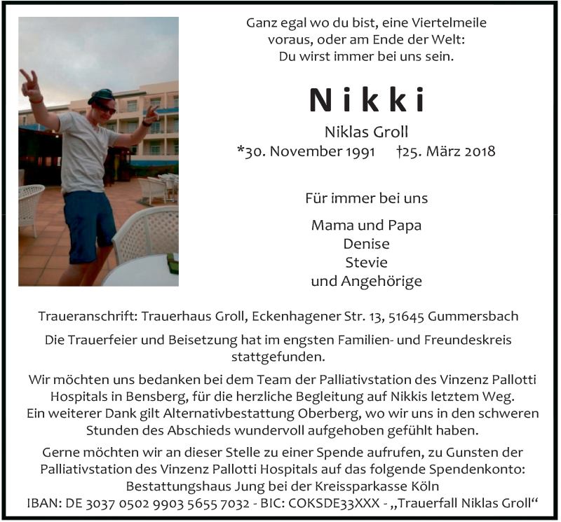  Traueranzeige für Niklas Groll vom 11.04.2018 aus  Anzeigen Echo 