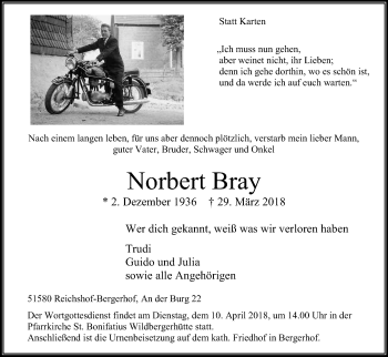 Anzeige von Norbert Bray von Kölner Stadt-Anzeiger / Kölnische Rundschau / Express