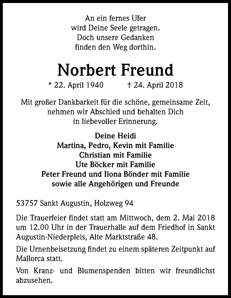  Traueranzeige für Norbert Freund vom 28.04.2018 aus Kölner Stadt-Anzeiger / Kölnische Rundschau / Express