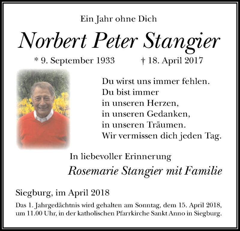  Traueranzeige für Norbert Peter Stangier vom 14.04.2018 aus Kölner Stadt-Anzeiger / Kölnische Rundschau / Express