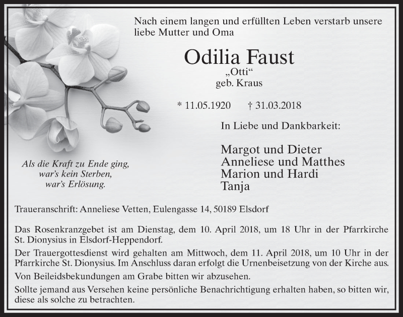  Traueranzeige für Odilia Faust vom 07.04.2018 aus  Sonntags-Post 