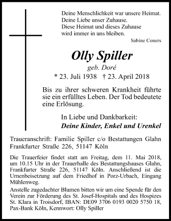 Anzeige von Olly Spiller von Kölner Stadt-Anzeiger / Kölnische Rundschau / Express