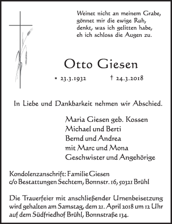 Anzeige von Otto Giesen von  Schlossbote/Werbekurier 