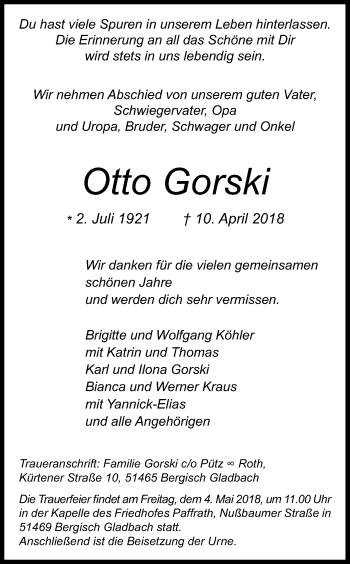 Anzeige von Otto Gorski von Kölner Stadt-Anzeiger / Kölnische Rundschau / Express