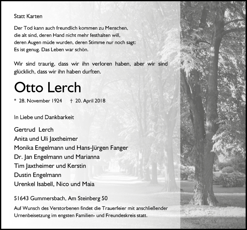  Traueranzeige für Otto Lerch vom 25.04.2018 aus  Anzeigen Echo 