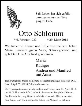 Anzeige von Otto Schlomm von Kölner Stadt-Anzeiger / Kölnische Rundschau / Express