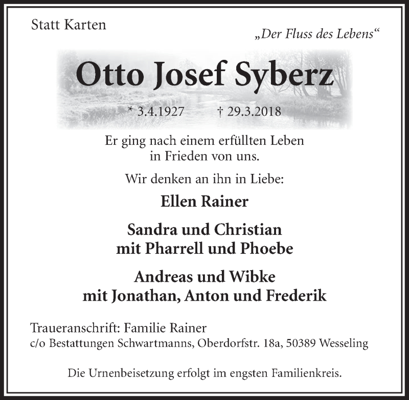  Traueranzeige für Otto Josef Syberz vom 11.04.2018 aus  Schlossbote/Werbekurier 