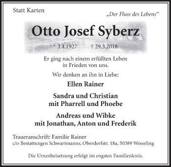 Anzeige von Otto Josef Syberz von  Schlossbote/Werbekurier 