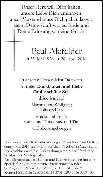 Anzeige von Paul Alefelder von Kölner Stadt-Anzeiger / Kölnische Rundschau / Express