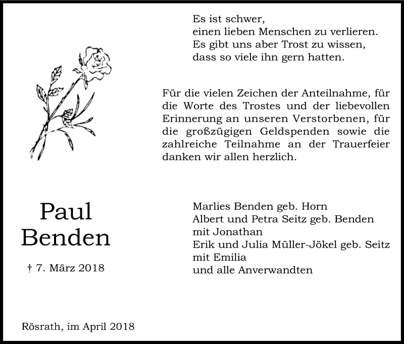  Traueranzeige für Paul Benden vom 21.04.2018 aus Kölner Stadt-Anzeiger / Kölnische Rundschau / Express