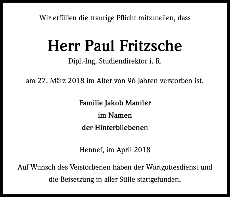  Traueranzeige für Paul Fritzsche vom 14.04.2018 aus Kölner Stadt-Anzeiger / Kölnische Rundschau / Express