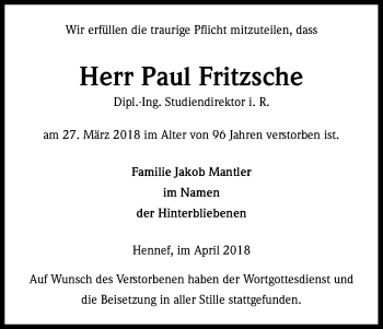 Anzeige von Paul Fritzsche von Kölner Stadt-Anzeiger / Kölnische Rundschau / Express