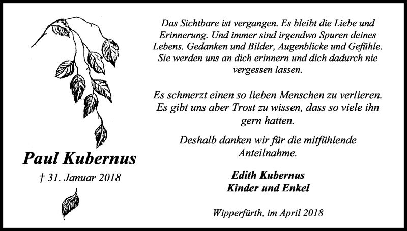  Traueranzeige für Paul Kubernus vom 28.04.2018 aus Kölner Stadt-Anzeiger / Kölnische Rundschau / Express