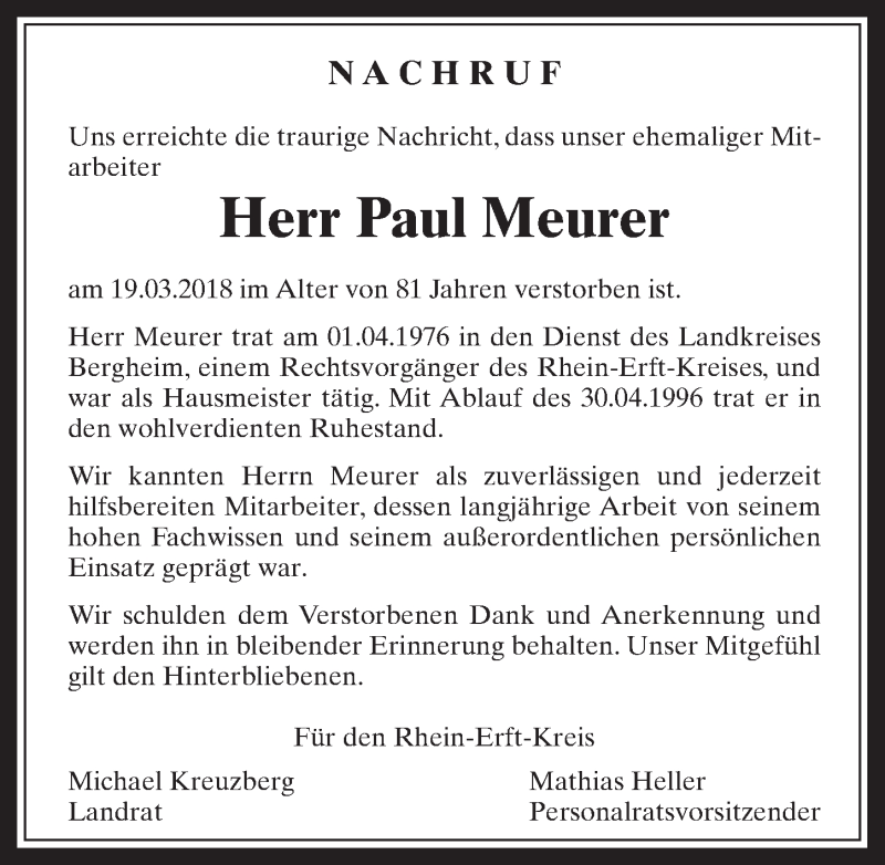  Traueranzeige für Paul Meurer vom 11.04.2018 aus  Wochenende  Werbepost 