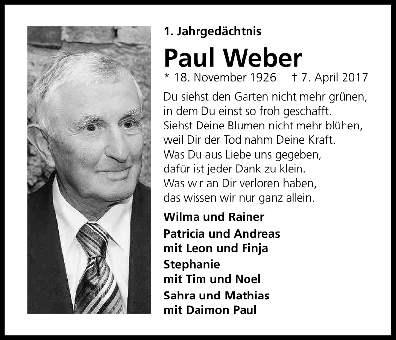  Traueranzeige für Paul Weber vom 07.04.2018 aus Kölner Stadt-Anzeiger / Kölnische Rundschau / Express
