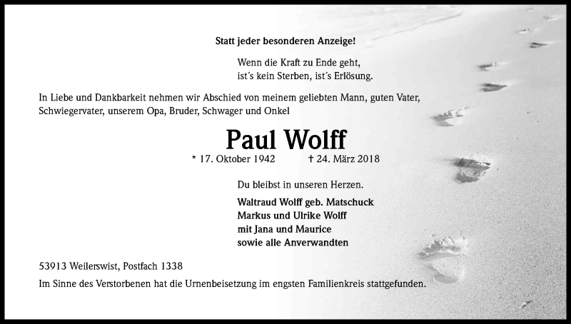  Traueranzeige für Paul Wolff vom 14.04.2018 aus Kölner Stadt-Anzeiger / Kölnische Rundschau / Express
