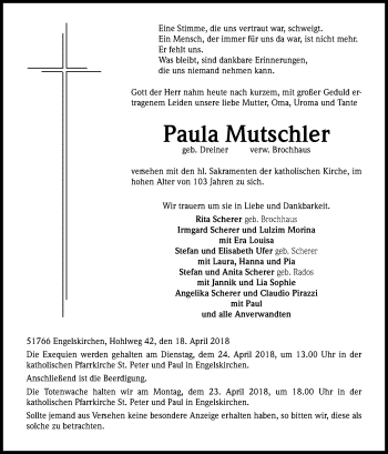 Anzeige von Paula Mutschler von Kölner Stadt-Anzeiger / Kölnische Rundschau / Express