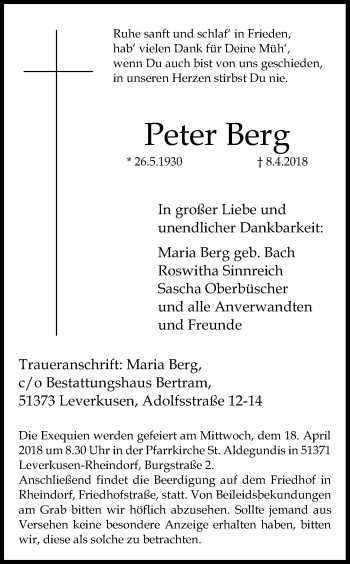 Anzeige von Peter Berg von Kölner Stadt-Anzeiger / Kölnische Rundschau / Express