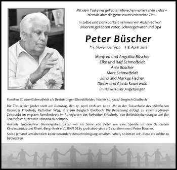 Anzeige von Peter Büscher von Kölner Stadt-Anzeiger / Kölnische Rundschau / Express