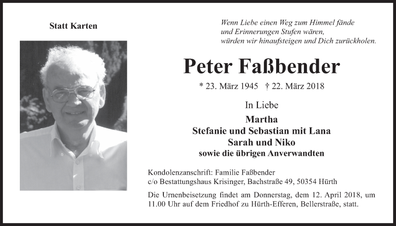  Traueranzeige für Peter Faßbender vom 11.04.2018 aus  Wochenende 