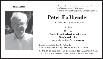 Anzeige von Peter Faßbender von  Wochenende 