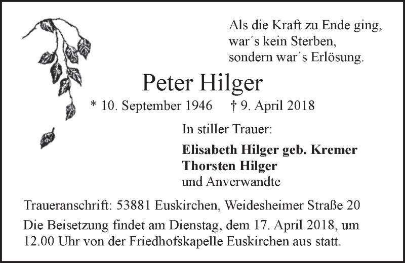  Traueranzeige für Peter Hilger vom 14.04.2018 aus  Blickpunkt Euskirchen 