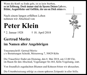 Anzeige von Peter Klein von Kölner Stadt-Anzeiger / Kölnische Rundschau / Express