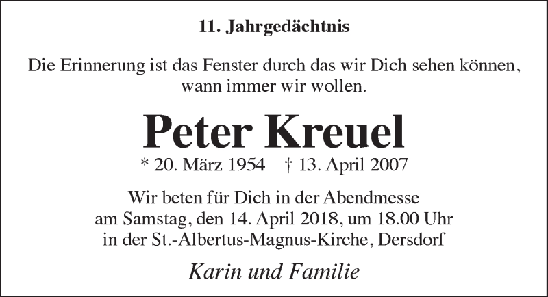  Traueranzeige für Peter Kreuel vom 11.04.2018 aus  Schaufenster/Blickpunkt 