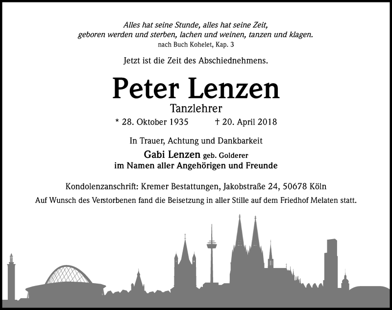  Traueranzeige für Peter Lenzen vom 28.04.2018 aus Kölner Stadt-Anzeiger / Kölnische Rundschau / Express