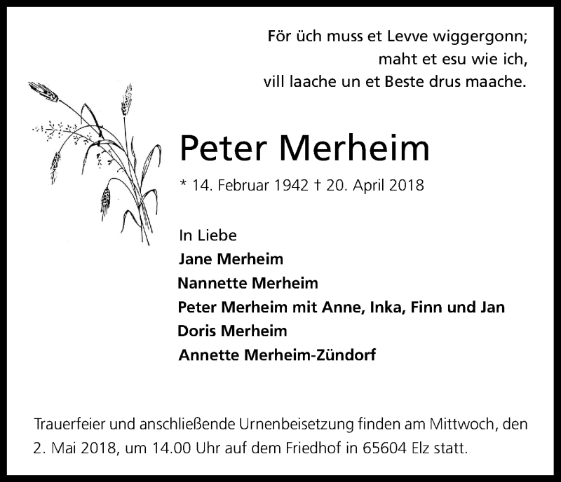  Traueranzeige für Peter Merheim vom 28.04.2018 aus Kölner Stadt-Anzeiger / Kölnische Rundschau / Express