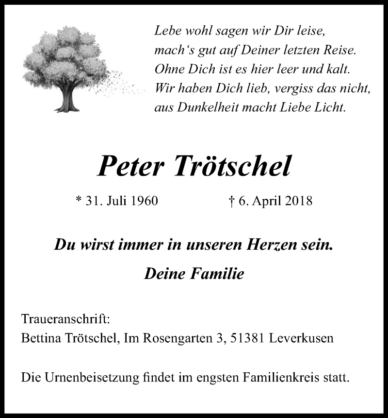  Traueranzeige für Peter Trötschel vom 21.04.2018 aus Kölner Stadt-Anzeiger / Kölnische Rundschau / Express