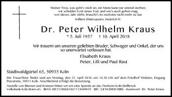 Anzeige von Peter Wilhelm Kraus von Kölner Stadt-Anzeiger / Kölnische Rundschau / Express