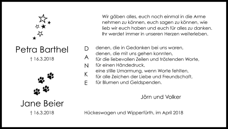  Traueranzeige für Petra Barthel vom 28.04.2018 aus Kölner Stadt-Anzeiger / Kölnische Rundschau / Express