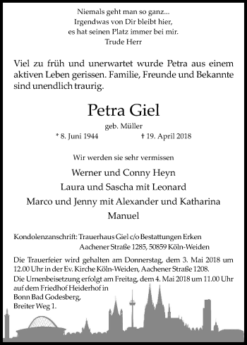 Anzeige von Petra Giel von Kölner Stadt-Anzeiger / Kölnische Rundschau / Express