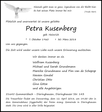 Anzeige von Petra Kusenberg von Kölner Stadt-Anzeiger / Kölnische Rundschau / Express