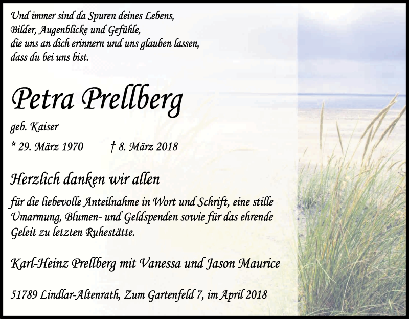 Traueranzeige für Petra Prellberg vom 21.04.2018 aus Kölner Stadt-Anzeiger / Kölnische Rundschau / Express