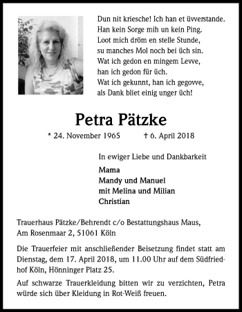 Anzeige von Petra Pätzke von Kölner Stadt-Anzeiger / Kölnische Rundschau / Express