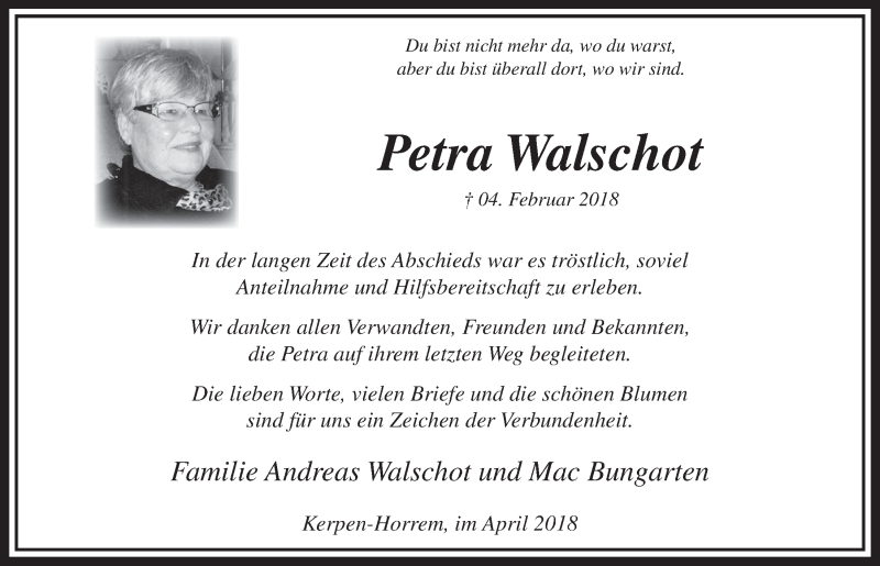  Traueranzeige für Petra Walschot vom 07.04.2018 aus  Sonntags-Post 